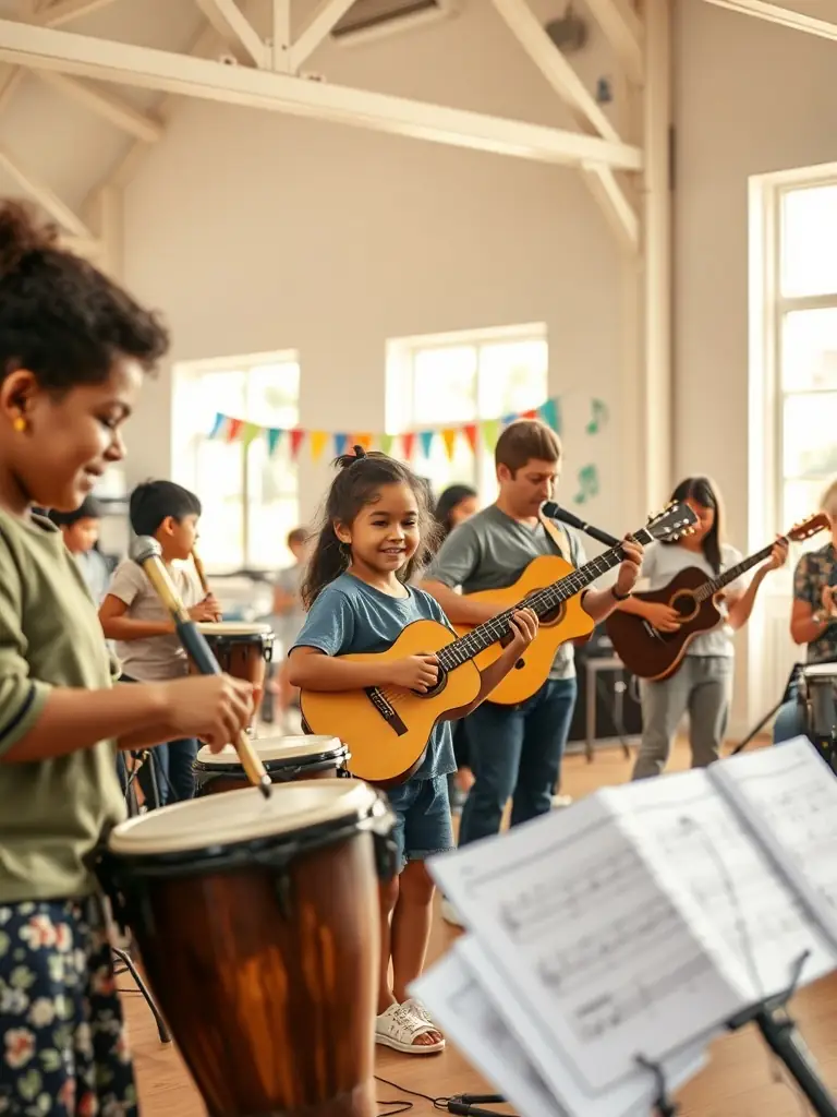 A vibrant photograph capturing a community music workshop led by DOUBLE CROCHE, showcasing diverse participants of all ages learning to play instruments together in a lively, inclusive setting.