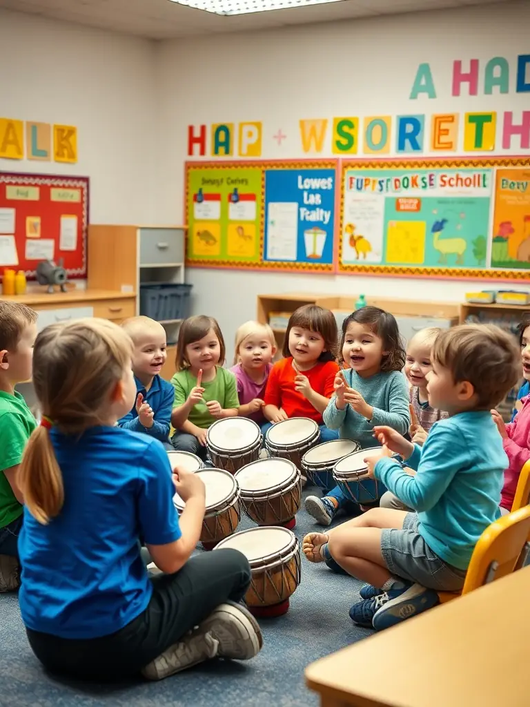 A picture of children participating in an interactive music session, highlighting the educational and fun aspects of DOUBLE CROCHE's programs.