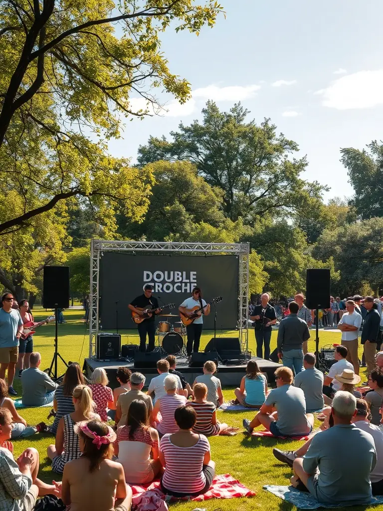 A photograph capturing a live performance in a local park, featuring musicians from DOUBLE CROCHE engaging with an enthusiastic audience.