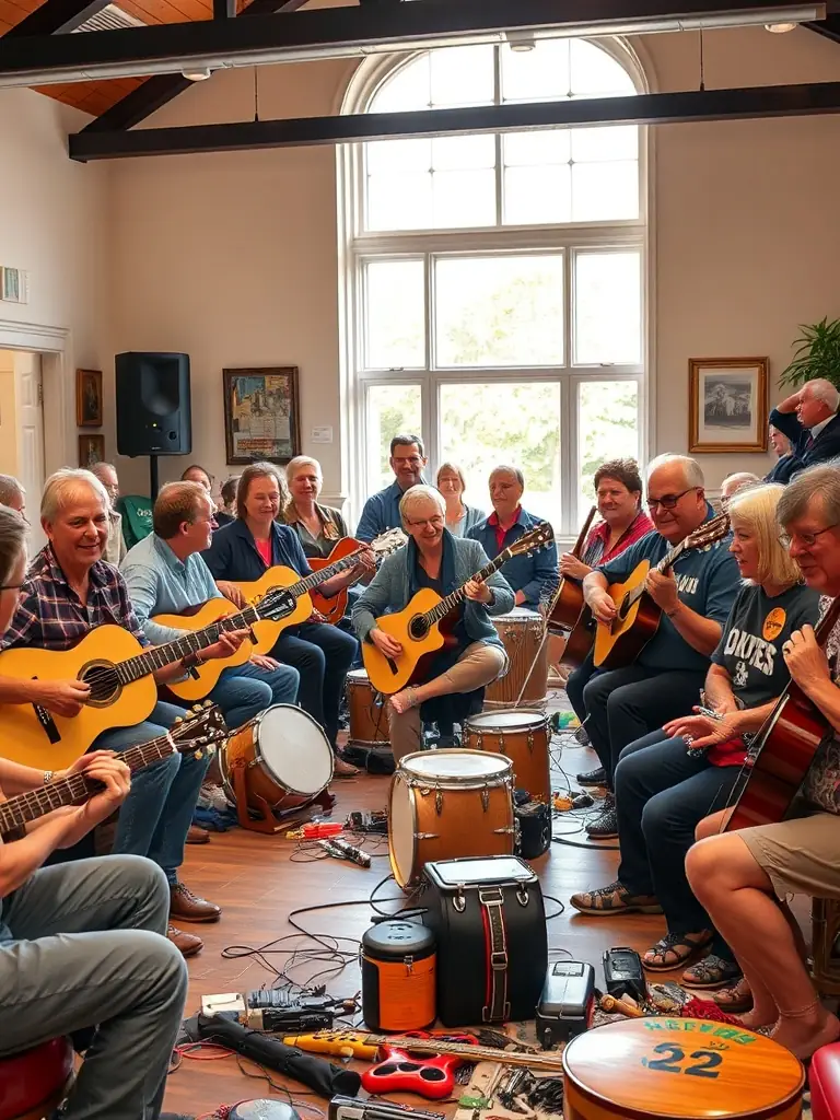 An image depicting a vibrant music workshop, showcasing diverse participants of all ages playing various instruments together in a community center.