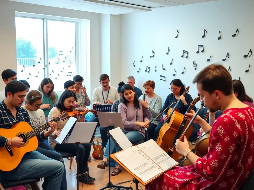 A vibrant image of a music workshop in progress, showing diverse participants engaged in learning and playing instruments, reflecting DOUBLE CROCHE's commitment to musical education.