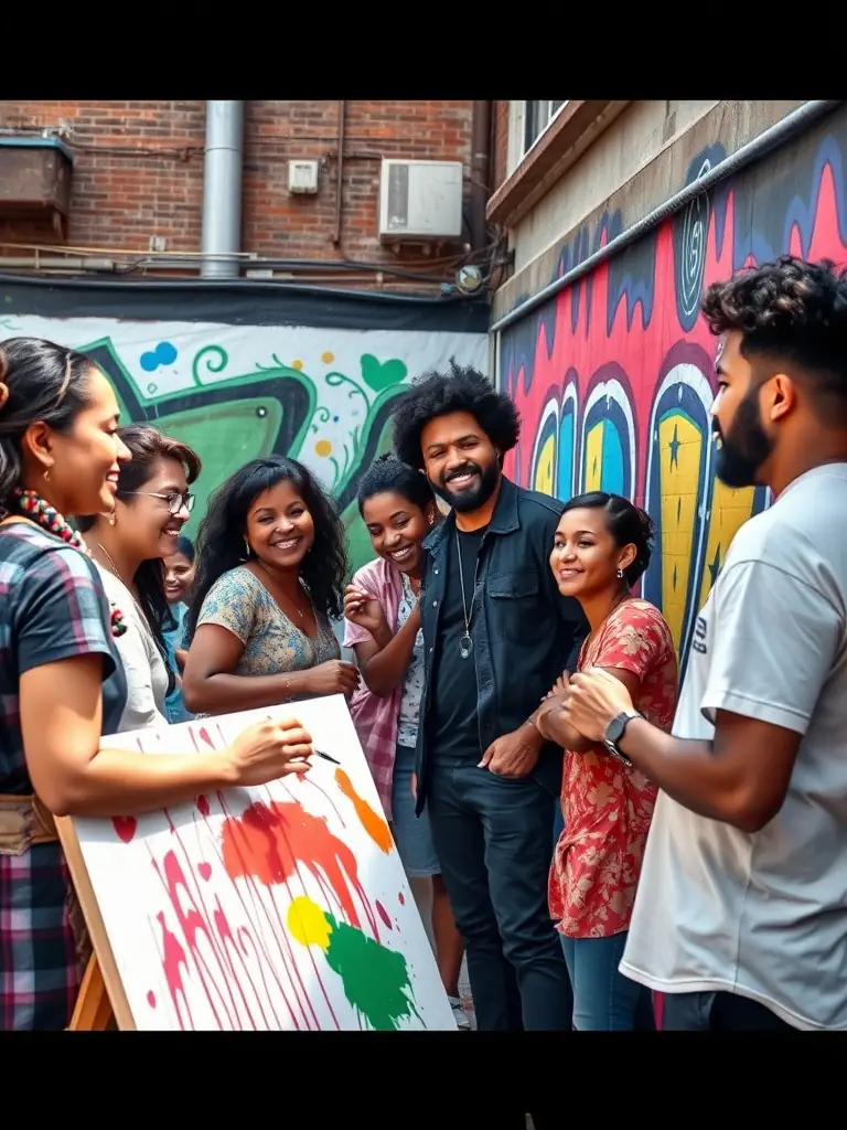 An image showing artists collaborating on a mural project in a public space, symbolizing community engagement and artistic expression.