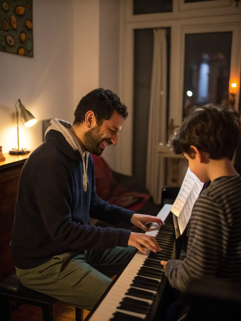 A photo of a DOUBLE CROCHE-sponsored artist mentoring a young aspiring musician, demonstrating the organization's commitment to nurturing emerging talent and providing guidance.