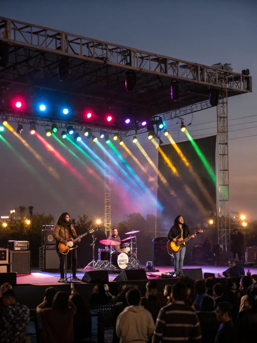 A dynamic image of a live performance organized by DOUBLE CROCHE, featuring local musicians on stage, with an enthusiastic audience enjoying the show in a public square.