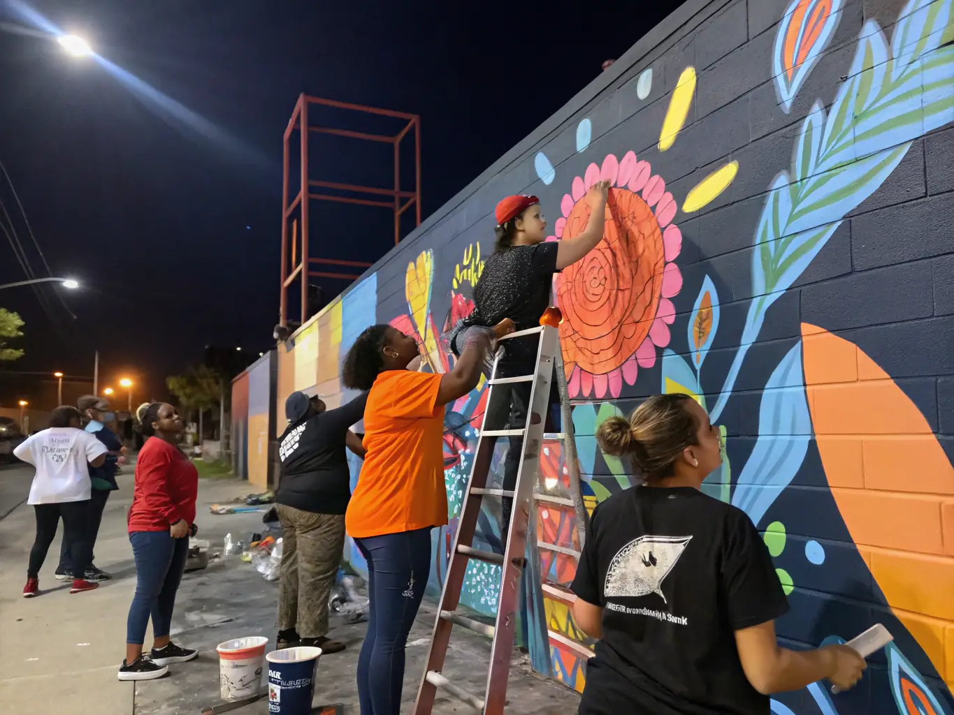An inspiring image of a community art project facilitated by DOUBLE CROCHE, depicting participants collaborating on a mural or sculpture, highlighting the organization's focus on community engagement.
