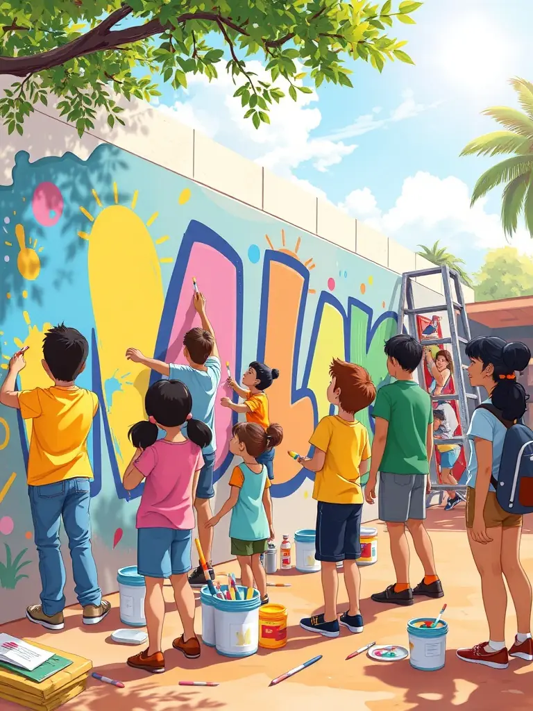 A photograph of artists participating in a collaborative art project supported by DOUBLE CROCHE, showing them working together on a mural in a public space, enhancing the local environment.